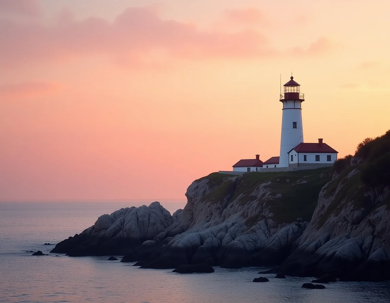 White lighthouse on a rocky coast at sunrise